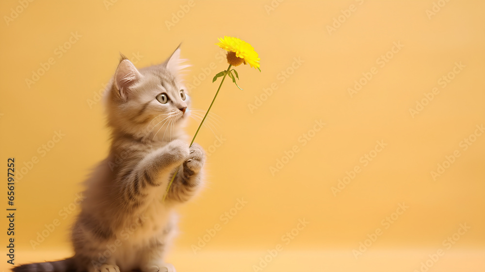 A kitten holds a yellow flower in its paws. Congratulations on the holiday. - obrazy, fototapety, plakaty 