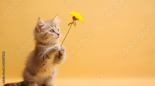 A kitten holds a yellow flower in its paws. Congratulations on the holiday. photo