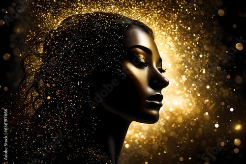 Image of a female woman model silhouette with gold glitter surrounding her. © freelanceartist