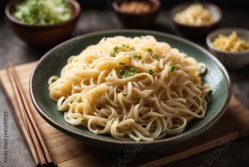 Bowl of tasty cooked instant noodles on wooden table