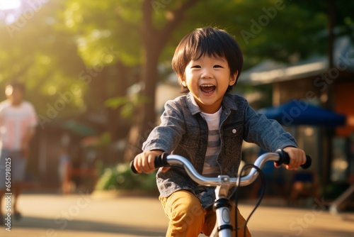 Happy asian kid riding bicycle in the park © Viewvie
