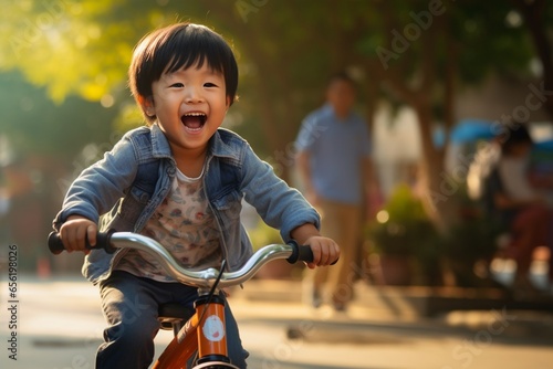 Happy asian kid riding bicycle in the park