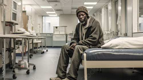 A dark-skinned elderly homeless man is receiving help in the hospital, sitting on a bed.
