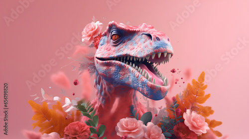 3d illustration of a large wild dinosaur in colors on a pink background. Print, designer, clothing, badge, logo. © Свет Лана