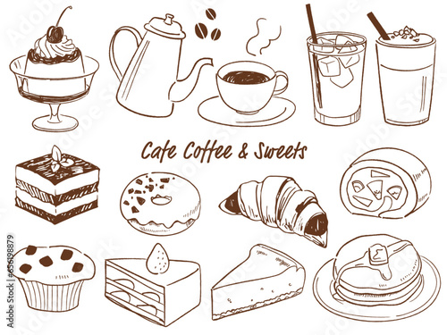 オシャレな手描きのカフェ素材_ベクターイラスト_線画