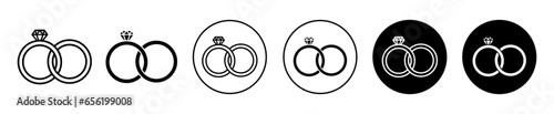 Wedding rings Icon. women marriage anniversary gift of diamond ring with precious crystal gem symbol set. engagement or wedding ring for bridal vector sign. Wedding ceremony ring jewelry line logo.