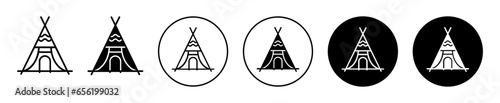 Indian tepee icon. camping in forest with triangle shape shelter symbol set. Indian tepee or tribal tipis vector sign. Ethnic camp site totem or tepee structure line logo. Tipi or teepee icon