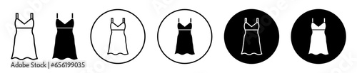 Evening dress icon. Elegant women outfit wear at evening symbol set. Lady wedding gown apparel vector sign. Girl sleeveless cloth line logo. Woman dress logo.