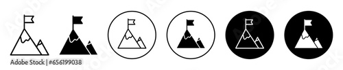 Flag on mountain top icon. Big achievement or target reached symbol set. Paramount success in business vector sign. Mountains with flag at top line logo. ambition and goal to climb and win logo
