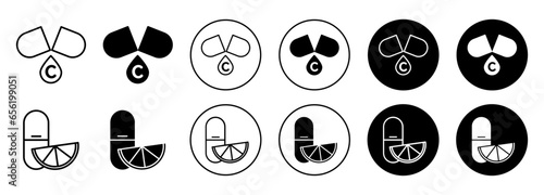 Vitamin C icon. Rich in vitamin c oil drop use in skin care cosmetic product like serum symbol set. Citrus acid oil droplet vector sign. Vitamin c pill tablet or capsule supplement line logo. 