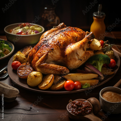 Roasted chicken, photography, golden-brown, crispy, tender, on a ceramic platter with vegetables, inviting, warm oven light, rich golden hues and earthy tones Generative AI