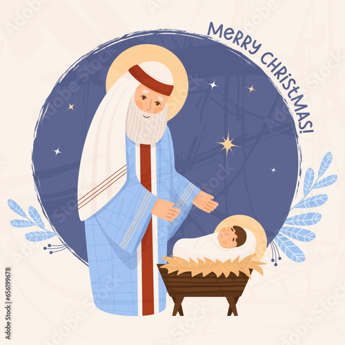 Merry Christmas retro card. old man Saint Joseph with baby Jesus Christ in manger. Holy Forefather. Vector illustration in cartoon flat style for design religious themes, Catholic Christian holidays.