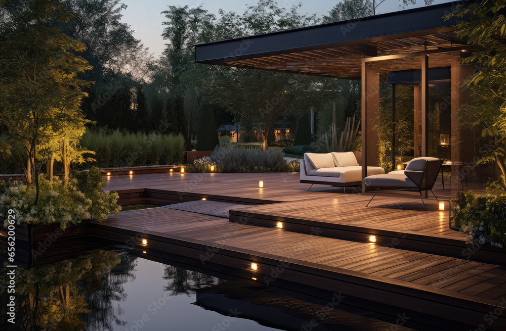 design of modern outdoor deck with pool, patio and wooden table