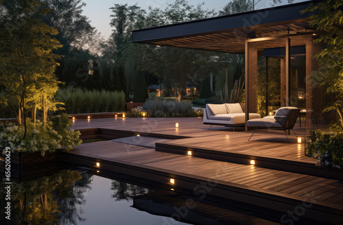 design of modern outdoor deck with pool, patio and wooden table © Kien