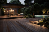 design of modern outdoor deck with pool, patio and wooden table