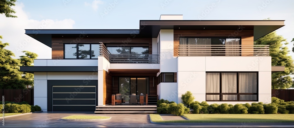 Contemporary two story house with angular roof and balcony - obrazy, fototapety, plakaty 