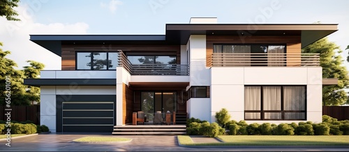 Contemporary two story house with angular roof and balcony