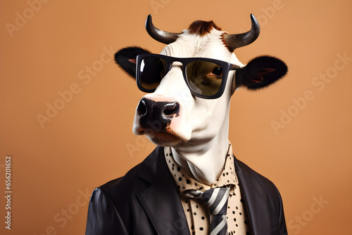 Cool looking cow wearing funky fashion dress - jacket, tie, sunglasses, plain colour background, stylish animal posing as supermodel