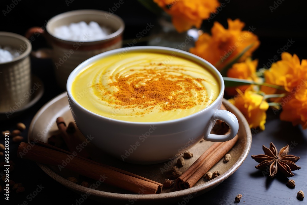Cup of ayurvedic golden turmeric latte milk with curcuma powder and anise star on black. Healthy drink to improve immunity. - obrazy, fototapety, plakaty 