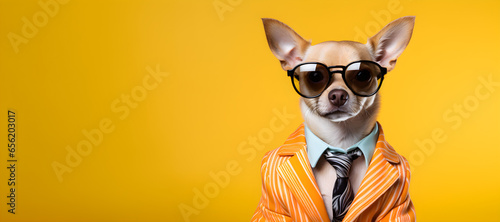 Cool looking dog wearing funky fashion dress - jacket, tie, sunglasses, plain colour background, stylish animal posing as supermodel photo