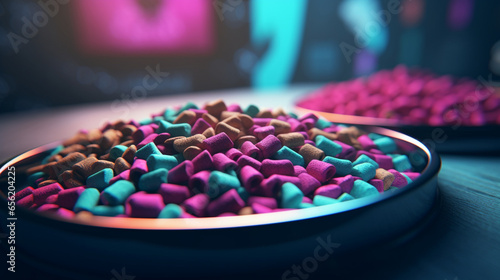 pet food dish at home with glitch texture style, generative ai