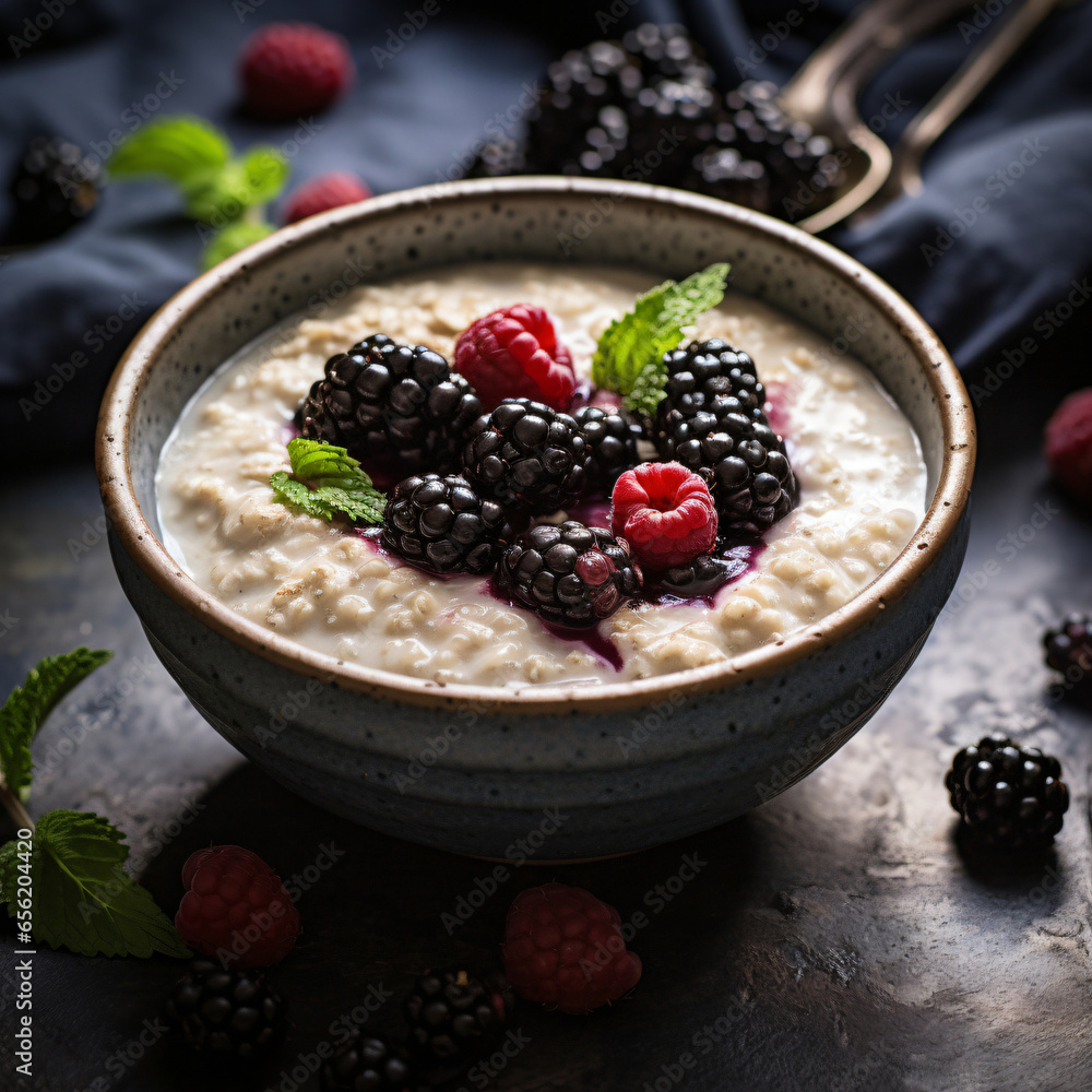 Oatmeal porridge, photography, creamy, steaming, wholesome, in a ceramic bowl with berries on top, comforting, morning soft light, creamy whites and deep purples Generative AI Oatmeal porridge, photography, creamy, steaming, wholesome, in a ceramic bowl with berries on top, comforting, morning soft light, creamy whites and deep purples Generative AI