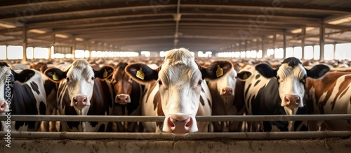 Cows in cowshed awaiting food on beef cattle farm photo