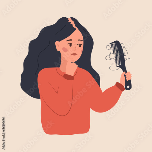 Alopecia concept. Sad woman loses her hair. Baldness disease and problems of the scalp. Unhappy female character with hair brush. Vector illustration in flat cartoon style.
