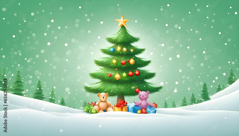 christmas tree in the snow with gift isolated with catoon theme.