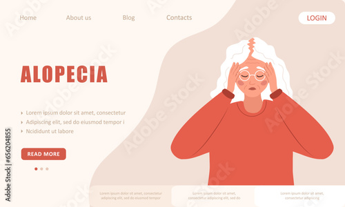 Alopecia concept. Landing page template. Sad elderly woman loses hair. Baldness disease and problems of scalp. Unhappy female character with hair thinning. Vector illustration in flat cartoon style.