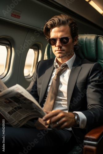 Rich man in suit seating on first class seat place in airplane and reading newspaper. Generative AI