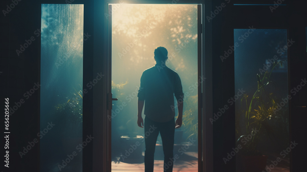 photorealistic person looking out the door and surrounding garden generative ai - obrazy, fototapety, plakaty 