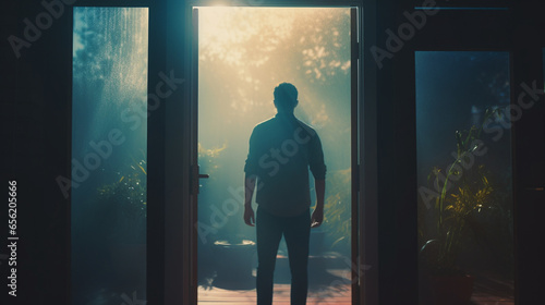 photorealistic person looking out the door and surrounding garden generative ai photo