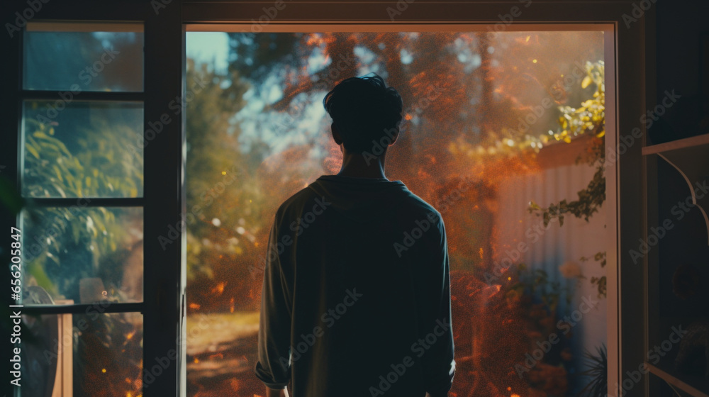 photorealistic person looking out the door and surrounding garden generative ai