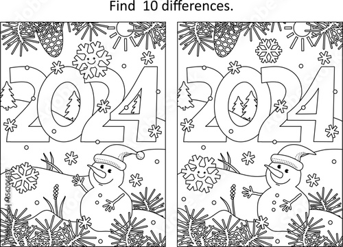 Year 2024 difference game and coloring page with year 2024 heading, cute little snowman, cheerful snowflake and outdoor winter scene
