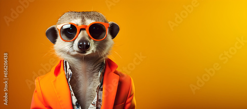 Cool looking meerkat wearing funky fashion dress - jacket, tie, sunglasses, plain colour background, stylish animal posing as supermodel