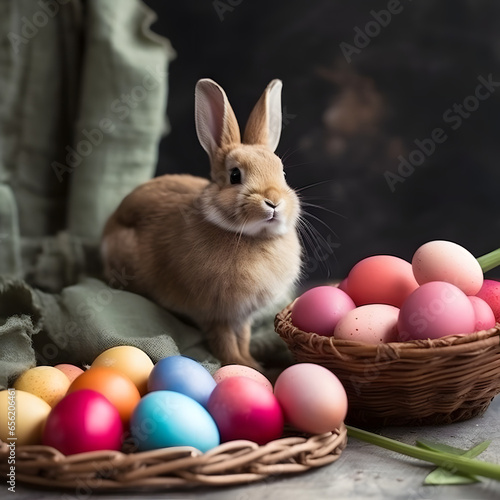 easter themed whimsical  scene with a cute easter bunny, colorful easter eggs in woven baskets etc