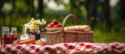 Fruit filled picnic basket on a red mat in a green park