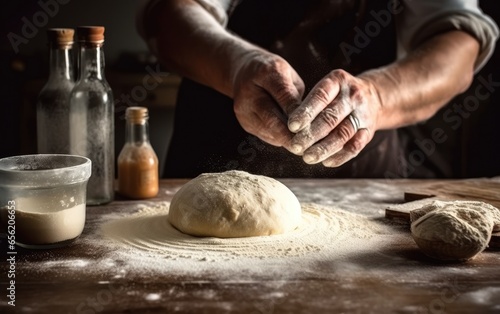 Pizzaiolo sprinkling flour onto a wooden surface and stretching pizza dough with both hands, illustrating the handmade and artisanal nature of pizza-making. Generative AI