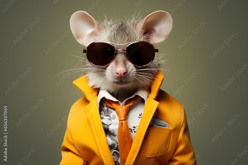 Cool looking mouse wearing funky fashion dress - jacket, tie, sunglasses, plain colour background, stylish animal posing as supermodel - obrazy, fototapety, plakaty 