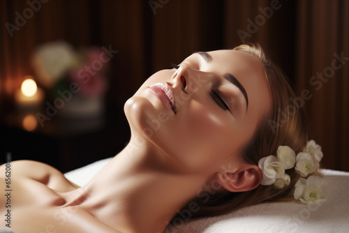 A woman closed eyes relax in spa treatment