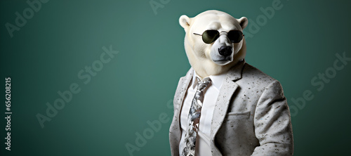 Cool looking polar bear wearing funky fashion dress - jacket, tie, sunglasses, plain colour background, stylish animal posing as supermodel photo