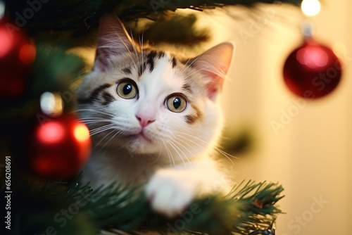 Cute cat climbing and playing on Christmas tree, Christmas and cat concept background.