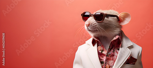 Cool looking rat wearing funky fashion dress - jacket, tie, sunglasses, plain colour background, stylish animal posing as supermodel