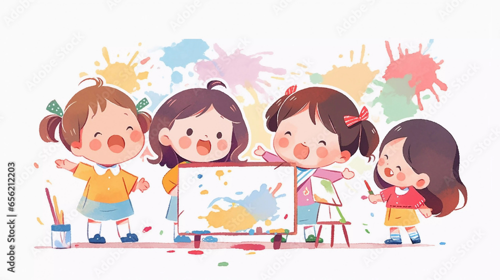 A group of cute preschool girl painting on the wall at the art class. Children's book cute image cartoon character. Fun school activity. A group of cute preschool girl painting on the wall at the art class. Children's book cute image cartoon character. Fun school activity.