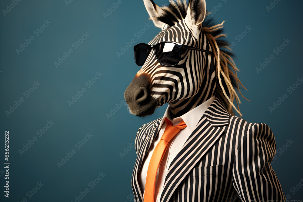Cool looking zebra wearing funky fashion dress - jacket, tie, sunglasses, plain colour background, stylish animal posing as supermodel - obrazy, fototapety, plakaty 
