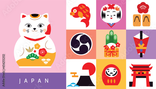Japanese toys. National cultural lucky items, asian fortune symbols, daruma, maneki cat and kokeshi dolls, traditional masks, Fuji, sakura Vector illustration