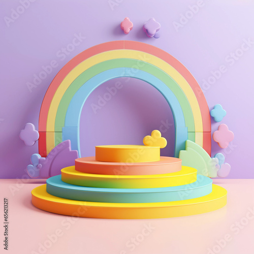 3D rendering podium cheerful and childish style against pastel colour background, clouds and weather with empty space for product display presentations.  © idcreative.ddid