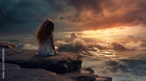 Lonely girl sits on the precipice. Stormy ocean waves crashing below. Serene silhouette above the sea with thunderous clouds approaching. 