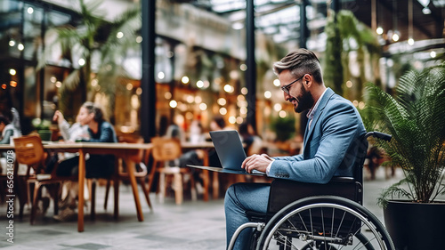 A man in a wheelchair works on a laptop in the background of a shopping center photo